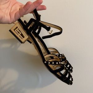 Charlotte Olympia suede & pearl sandals gold heel